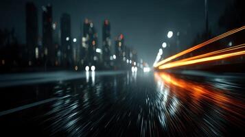 Nighttime cityscape with wet roads reflecting lights and vehicle movement in a vibrant urban environment photo