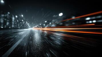 Rainy night with blurred car lights creating a dynamic atmosphere on a wet road photo