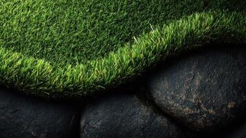 Textured grass meeting rugged stones in a serene outdoor environment photo