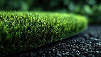 Close-up view of lush green artificial grass on a dark surface reflecting nature's serenity in an outdoor setting photo