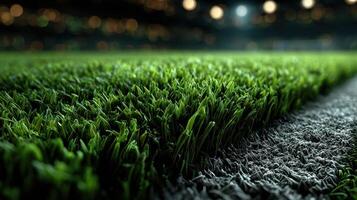 Lush green turf on a sports field at night, showcasing the vibrant contrast of grass and lines photo
