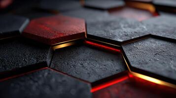Dark hexagonal tiles with glowing red and gold edges create a striking pattern in a modern design setting photo