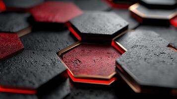 Hexagonal patterns with textured surfaces and glowing edges create a striking visual display in a modern design context photo