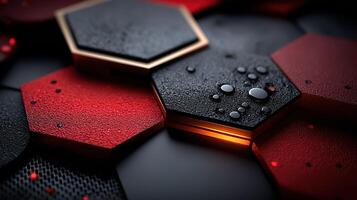 Close-up view of textured hexagonal patterns with red and black colors reflecting light at night in an abstract design photo