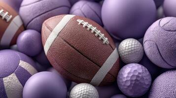 Collection of various sports balls in shades of purple scattered on a textured surface in a playful arrangement photo