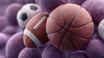 Colorful sports balls surrounded by vibrant textured spheres in an abstract arrangement creating a playful atmosphere photo