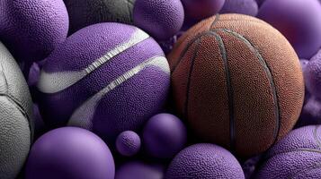 Collection of various sports balls in shades of purple and black detailing their textures and patterns photo