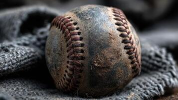 Old baseball resting on a worn fabric, showcasing signs of weathering and use during a warm afternoon game photo