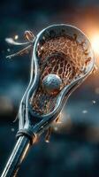 Lacrosse stick with ball illuminated by sunlight during early morning practice session outdoors photo