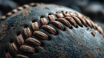 Close-up view of an aged baseball showing detailed stitching and texture on a weathered surface photo