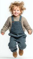 Happy child jumps joyfully in cozy sweater and overalls, showcasing carefree spirit during playful moment indoors photo