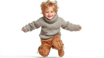 Child joyfully jumping in a cozy sweater and pants, showcasing a playful moment captured indoors photo