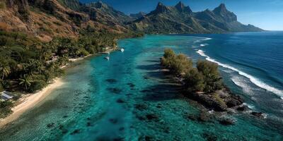 Stunning coastal view of a tropical paradise with mountains and azure waters in a serene landscape photo