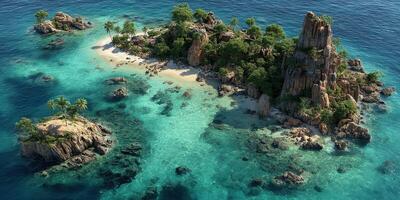 Remote tropical island featuring lush greenery and clear turquoise waters near the shoreline in bright daylight photo