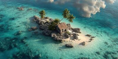 Remote island with a thatched hut surrounded by turquoise waters and lush palms during a clear day photo