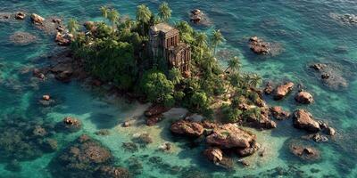 Abandoned tropical island with ruins surrounded by clear turquoise waters and rocks in bright daylight photo