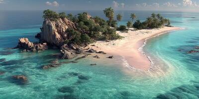 Tropical island with white sand beach and clear turquoise waters under a sunny sky photo