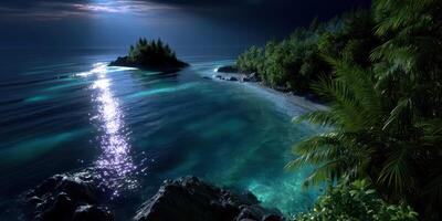Moonlit coastline reveals serene waters and lush greenery near an isolated island photo
