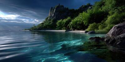 Tranquil coastal landscape at dusk with clear water and lush vegetation near rocky cliffs photo