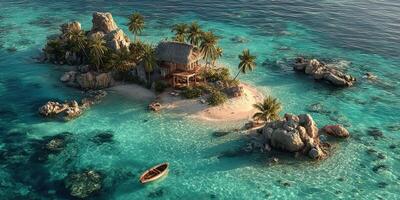Tropical island paradise with a beach hut and a boat in clear turquoise waters photo