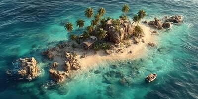Tropical island with palm trees and a small boat near the shore during bright daylight photo