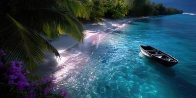 Calm boat gliding through turquoise waters on a tropical beach at sunset in a serene coastal paradise photo