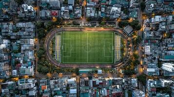 Soccer field illuminated at night surrounded by urban architecture in a bustling city photo