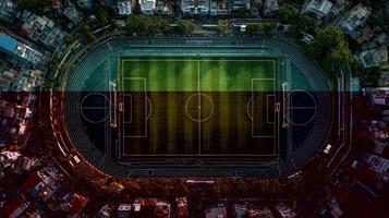Aerial view of a soccer field surrounded by city buildings during the day with vibrant green grass and clearly marked lines photo