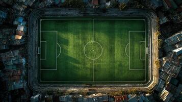 Soccer field surrounded by urban landscape viewed from above during late afternoon light photo
