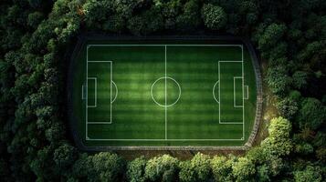 Soccer field surrounded by dense forest captures a serene atmosphere in the midst of nature's beauty photo