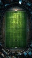 Lush green soccer field surrounded by urban structures during daylight hours photo