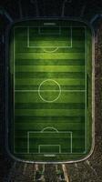 Impressive aerial view of a vibrant grass soccer field before a big match on a sunny day photo