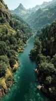 Mountain river flows through lush green landscape with rocky formations during bright daylight photo