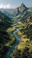 Majestic river flows through lush valleys surrounded by towering mountain peaks under a clear blue sky photo