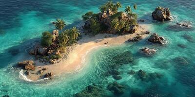 Serene tropical island with palm trees surrounded by turquoise waters and rocky formations in bright sunlight photo