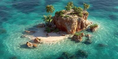 Serene tropical island oasis with clear turquoise water and lush palm trees during bright daylight photo