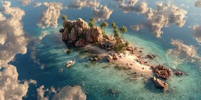 Tropical island with rocky shores and palm trees under a cloud-filled sky during midday photo