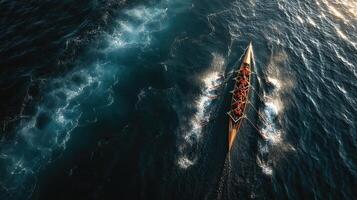 Rowers navigate through calm waters in a synchronized team effort during early morning light photo