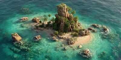 Tropical island featuring lush greenery and clear turquoise waters surrounded by rocky formations on a sunny day photo