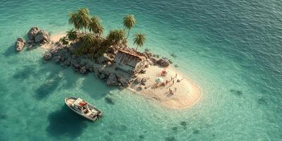Serene tropical island with a rustic hut and leisure activities on a sunny day photo