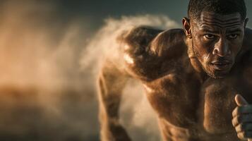 Muscular athlete sprinting on track creating a dynamic cloud of dust during sunset photo