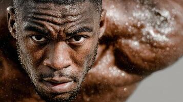 Intense workout session highlighting determination and physical strength through close-up of focused athlete photo