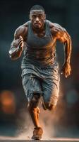 Athlete sprinting on track during sunset, showcasing intense focus and determination in an athletic competition photo