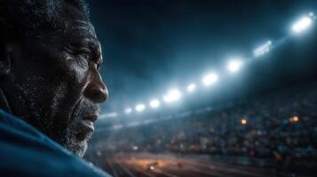 Inspiring elder observing a competitive race during night event at stadium photo