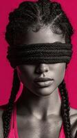 Portrait of a girl with braided hair, blindfolded with ropes against a vibrant pink background photo
