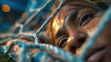 Young athlete recovering during a sports event with focus on emotions and determination photo