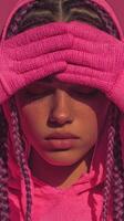 Young girl with braided hair wearing pink gloves and hoodie covering her eyes against a colorful backdrop photo