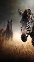 Close-up of a zebra in a golden grass field with a horse in the background during early morning light photo