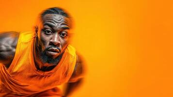 Intense basketball player in vibrant orange jersey focused on the game during a competitive match photo