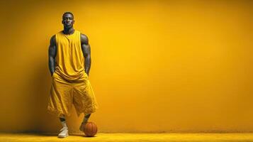 Basketball player posing confidently against a yellow backdrop during a training session in an indoor court setting photo